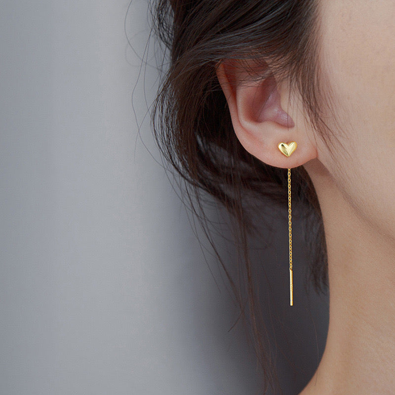 Tiny heart threader dangle earrings
